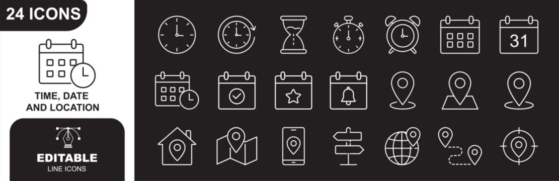 Time, date and address line icons set. calendar, clock, gps point, flag point, globe point Containing hourglass, pin, stopwatch. Editable stroke for mobile and web. Isolated on white background.