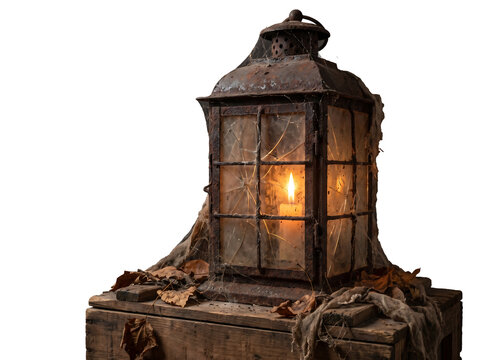 Rustic Lantern With Candle On Old Wooden Crate, Transparent Background