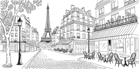 Obraz premium Vintage Paris street view panoramic illustration. Eiffel Tower monument in background. Coffee shop cafe terrace with outdoor seating. French building architecture, cobblestone road, tree