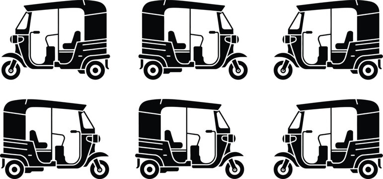 Black tuk tuk auto rickshaw icon set. Indian three-wheeled taxi vector silhouettes. Transportation symbols for tourism, travel, urban mobility, and Southeast Asia culture graphic design