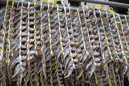 Dried yellow croakers tied with strings for sale market in south korea.