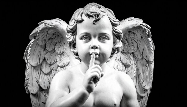 Cherub Statue Silence Hush Gesture Secret Concept on Black Background