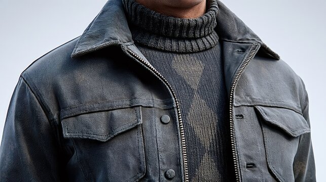 Man dressed in a modern gray field jacket with a zipper, layered over a ribbed dark turtleneck sweater, representing contemporary men's fashion and autumn winter apparel