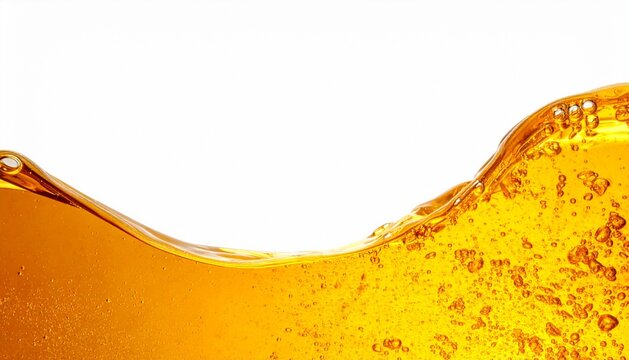 Golden oil wave splash with bubbles isolated on white background