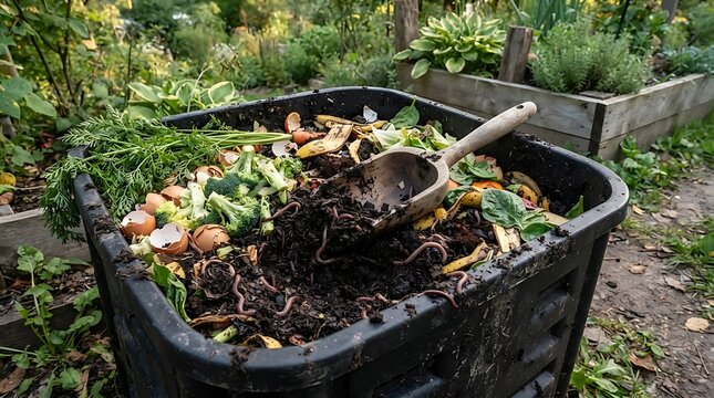 Black plastic compost bin full of fresh kitchen food scraps and vegetable waste for garden soil in a backyard