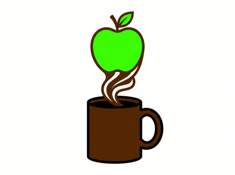 Logo design of green apple with stem and leaf steaming out of brown coffee cup symbolizing healthy energy for teachers.