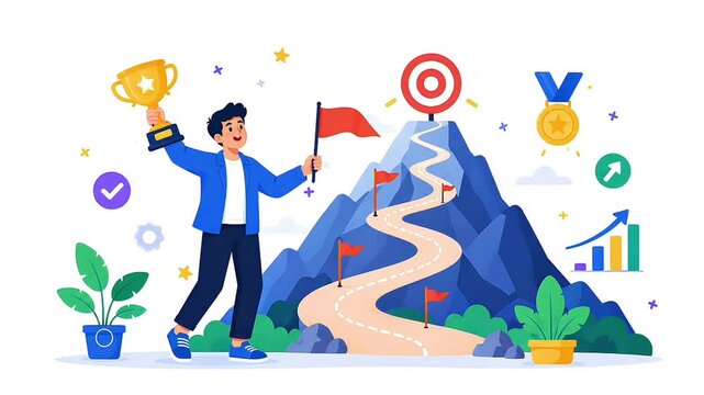Business achievement and success concept with professional climbing mountain toward goal and trophy illustration