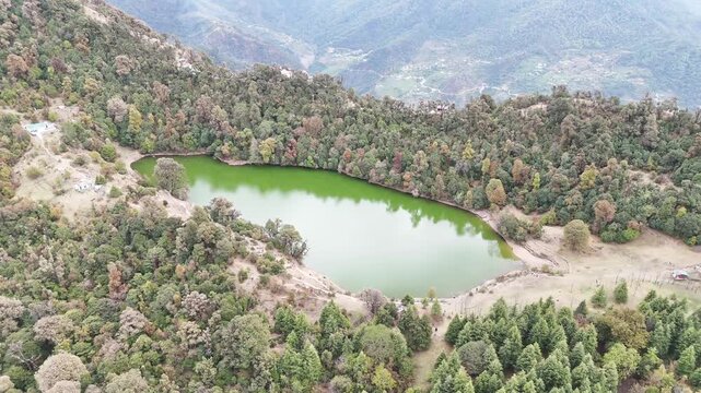 Aerial shot of Deoria Taal or deoria lake in Uttarakhand, India