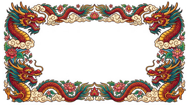 Intricate chinese dragon border design with floral and cloud motifs for artistic framing isolated on transparent background