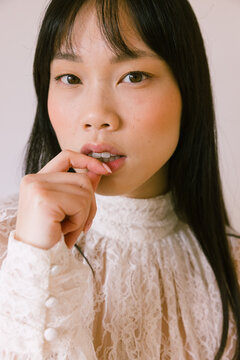 Close Portrait in Lace Blouse