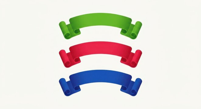 Three colorful curved scroll ribbons in green red and blue isolated on white for promotional banners.