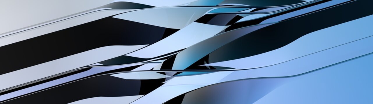 Abstract flowing metallic ribbons with reflective curved surfaces.