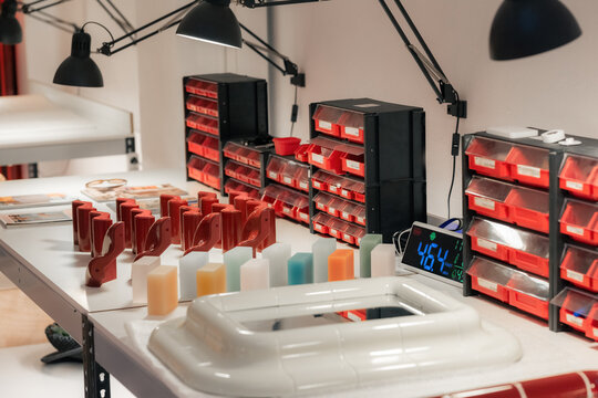 Workbench with product prototypes
