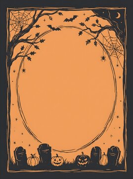Spooky Orange Halloween Frame with Jack-O-Lanterns Gravestones Spiders and Trees Line Art Vintage Border Background