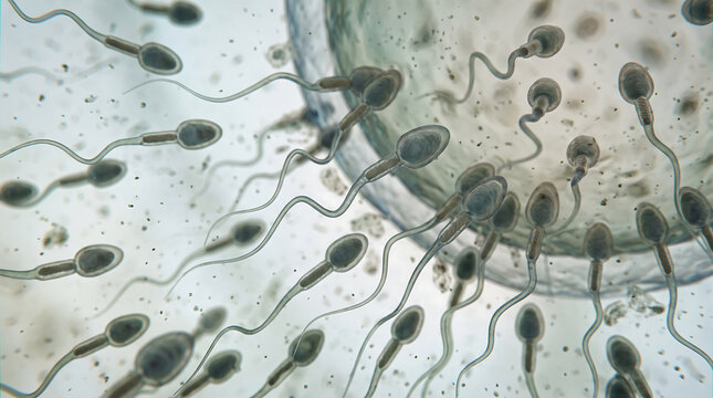 Multiple human sperm cells swimming towards female ovum egg in fertilization process closeup view