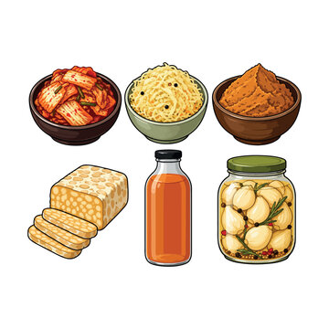 Korean Fermented Food Collection Vector, Kimchi, Fermented Soybean Paste, Tofu, Vinegar and Pickled Garlic