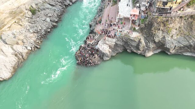 Aerial shot of two River Meets in Devprayag, Uttarakhand, India. Aerial shot of Confluence of two river Bhagirathi and Alaknanda in Devprayag, Uttarakhand, India 