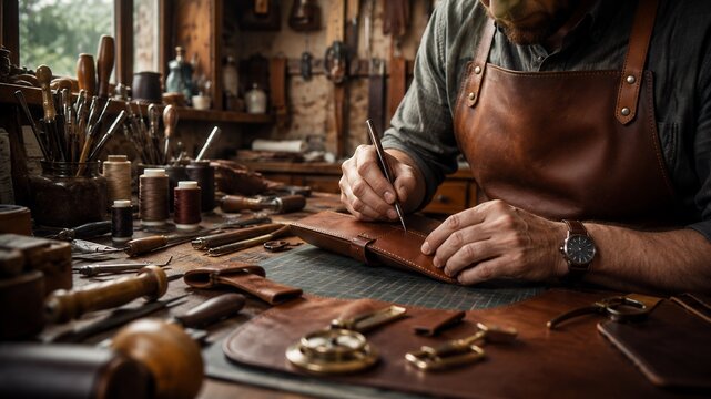 Skilled Leather Craftsman Hand Stitching Handmade Leather Wallet in Artisan Workshop