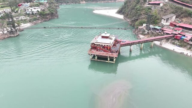Aerial shot of Dhari Devi temple in Uttarakhand, India