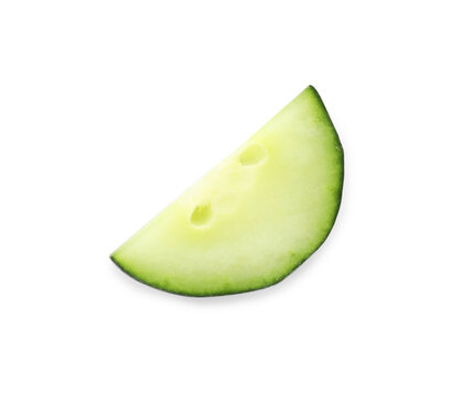 Piece of fresh cucumber isolated on white, top view