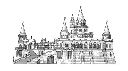 Fototapeta premium Ornate Medieval Castle Illustration, Gothic Architecture, Fantasy Fortress, Isolated on Transparent Background