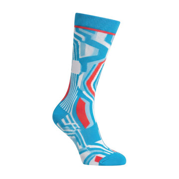 Blue and red patterned sports compression sock for running and athletic performance isolated on white background