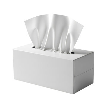 A single white paper tissue box with one thin sheet pulled out for daily use isolated on white background