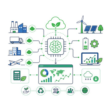 Sustainable Technology and Green Energy Management Vector Illustration, AI Smart Environmental System.
