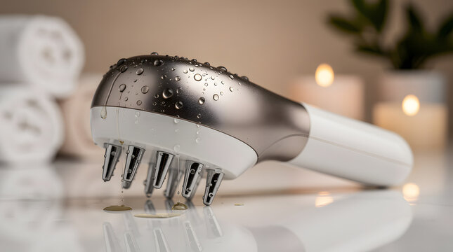 Scalp massager device with metallic prongs rests on a wet counter in a spa room.