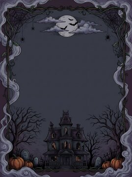 Eerie Foggy Halloween Frame with Spooky Haunted House Full Moon Gravestones Jack-O-Lanterns and Vines Border Background