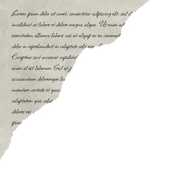 Torn paper corner with Latin text. Black lettering fills the paper's edge. Ideal for journaling, scrapbook, diary, craft or creative product.