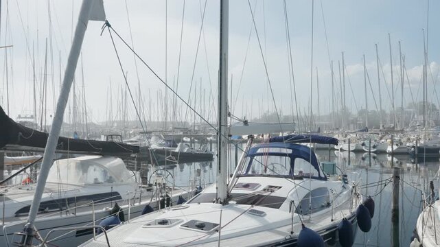 Modern cruising yacht moors at marina harbor dock on sunny morning. Luxury sailboat offers nautical travel, vacation charter, and coastal recreation. Calm water reflects masts at boatyard.