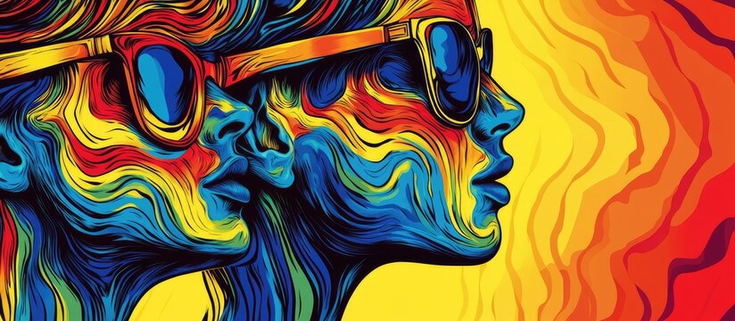Vibrant Psychedelic Digital Illustration of Two Stylized Profiles Wearing Sunglasses with Fluid Colorful Waves