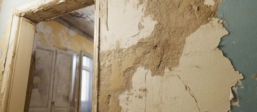 Close-up of Crumbling Plaster and Peeling Paint in an Abandoned and Derelict Interior Room