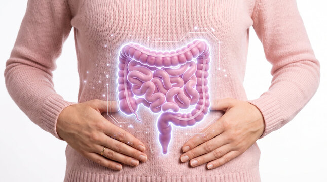 Woman holds a glowing digital intestine hologram on her abdomen, symbolizing gut health and digestion