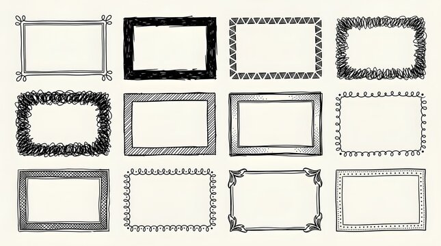 Hand drawn rectangular frames and borders with different artistic styles and decorative patterns for creative design projects
