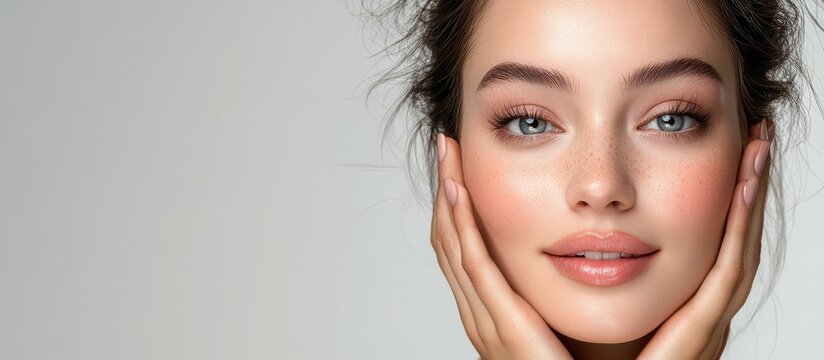 Portrait of a Young Woman with Glowing Clear Skin Touching Her Face for Beauty and Skincare Concept