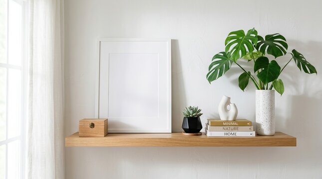 A minimalist wooden shelf displaying a blank picture frame, a small plant, and decorative books.