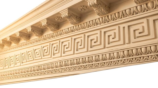 Ornate Classical Architectural Molding With Greek Key Meander Pattern And Detailed Dentils Isolated On White Background Decorative Interior Trim Element