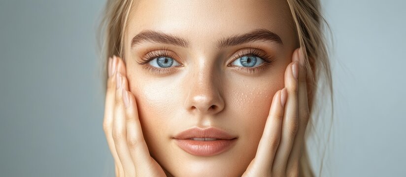 Beautiful Young Woman with Clear Skin and Blue Eyes Touching Her Face for Skincare and Beauty Concept