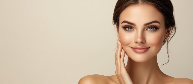 Beautiful young woman with flawless skin smiling and touching her face for skincare and beauty concept