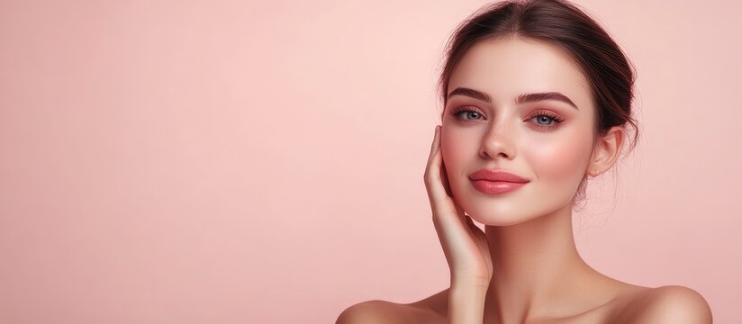 Beautiful young woman with clear skin posing for beauty and skincare concept on pink background