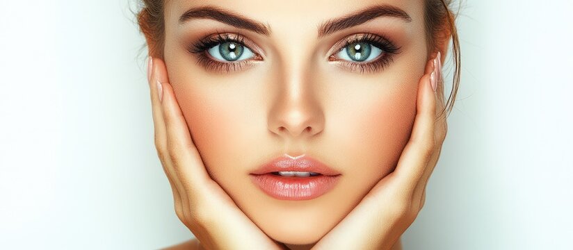 Beautiful young woman with flawless skin and professional makeup posing for beauty and skincare concept
