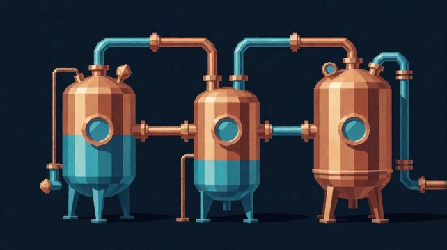 3D rendered industrial distillation column with copper and steel piping