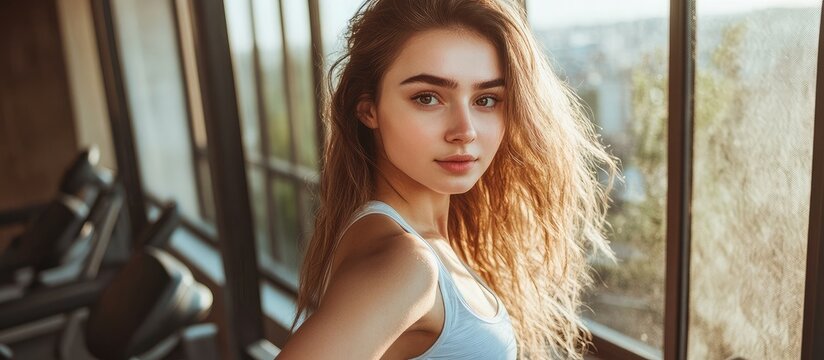 Beautiful young woman in white sports attire posing in a modern sunny fitness gym with treadmills in the background