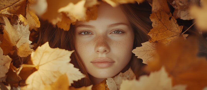 Beautiful young woman peeking through golden autumn maple leaves in a warm forest setting