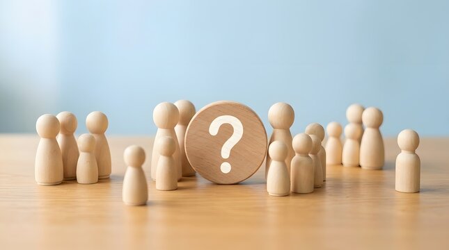 Peg dolls standing around a circular wooden disc with a question mark symbol representing mystery or uncertainty in business decision making