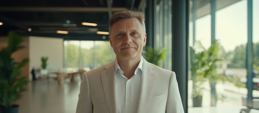 Portrait of a professional middle-aged businessman in a light blazer standing in a modern open-plan office interior