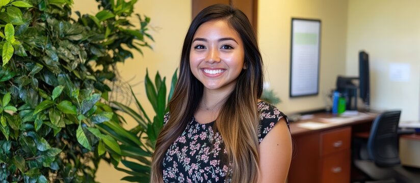 Portrait of a Smiling Young Professional Woman in a Modern Bright Office with Indoor Plants