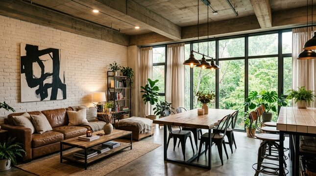 A spacious modern industrial living room featuring a leather sofa and a large wooden dining table.